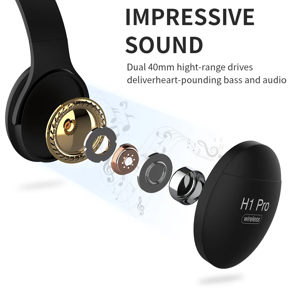 H1 Bluetooth Headphones Wireless Headset Stereo Over ear Noise Canceling Earphone Gaming Headset with Mic Support TF Card