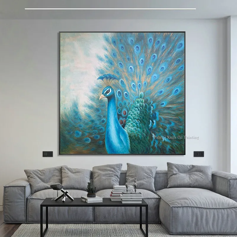 Original peacock decoration painting hand painted canvas oil painting animal blue wall art Home office decor cuadros abstractos