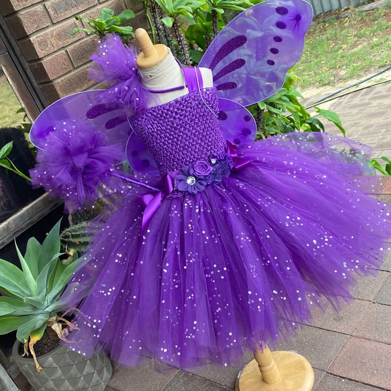 Girls Dress Princess Costume Kids Clothes Girls Purple Glitter Flower Tutu Dress Kids Sequin Tulle Dress with Wing and Stick Hairbow Kids Party Costume Butterfly Dresses