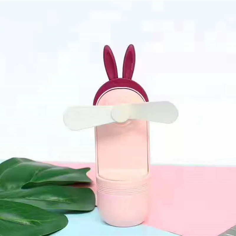 Plain Color Rabbit Eared Hand-Held USB Rechargeable Rotating Small Fan Silica Gel Blades Mute Cartoon Fan Izable Logo