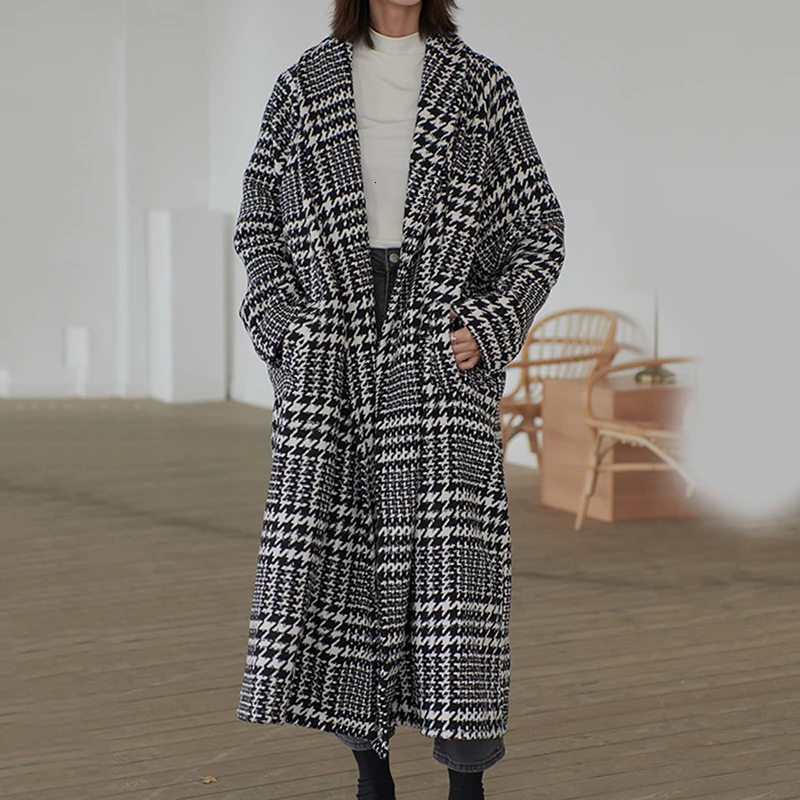 TVVOVVINLoose Fit Black Plaid split, шерстяное пальто большого размера, парки, новинка, длинный рукав, женская мода, Осень-зима 1587