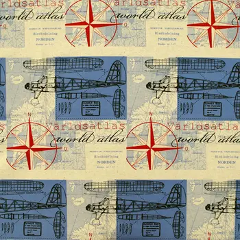 

1 yard Cotton Linen Fabric for sewing pathwork, bedding, handmaking - Map, plane, compass (blue) (width=145cm)