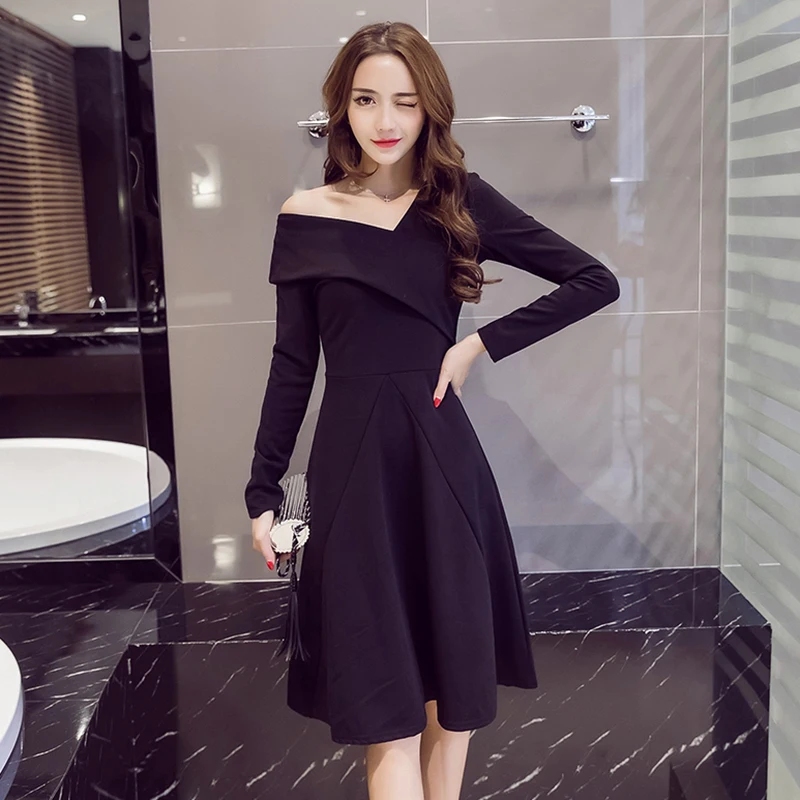 Элегантное черное платье с длинным рукавом женское осенне-зимнее неправильной