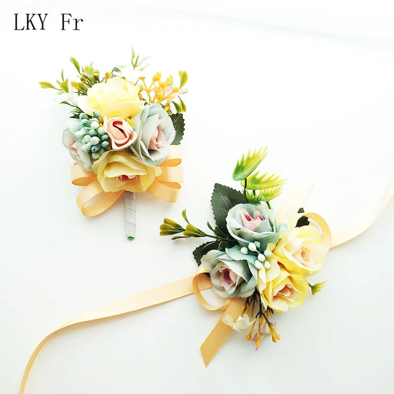 LKY Fr Wedding Boutonniere Groom Brooch Flowers Artificial Roses Bracelet for Bride Corsage Pins Marriage Wedding Men Buttonhole