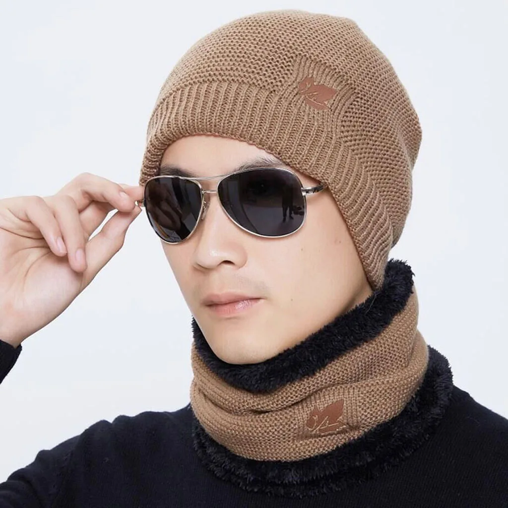 Зимний теплый мужской женский Skullies Beanie+ мягкий шарф, комплект из двух предметов, толстая флисовая подкладка, вязаная однотонная шапка, шарф, набор для улицы z1212