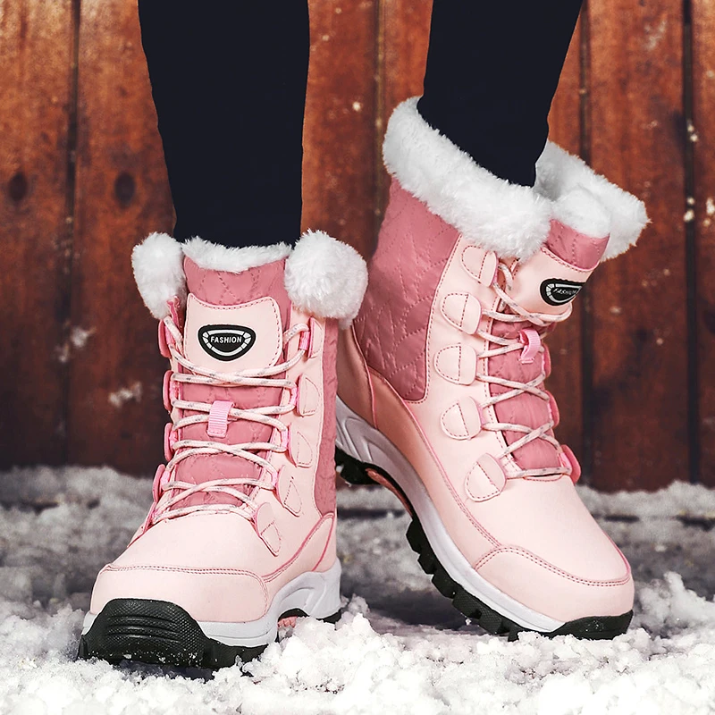 Модная зимняя обувь; женские розовые кожаные ботинки; женские зимние ботинки на платформе; Теплая обувь на меху со шнуровкой на плоской подошве; Лидер продаж; большие размеры
