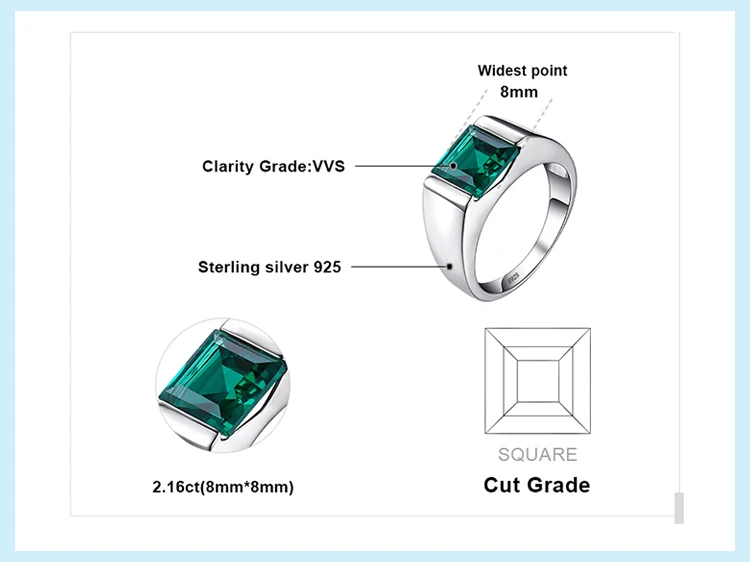 JewelryPalace Men's Charms 2.2ct Created Emerald Engagement Rings Real 925 Sterling Sliver Square Cut Gemstone Fine Jewelry