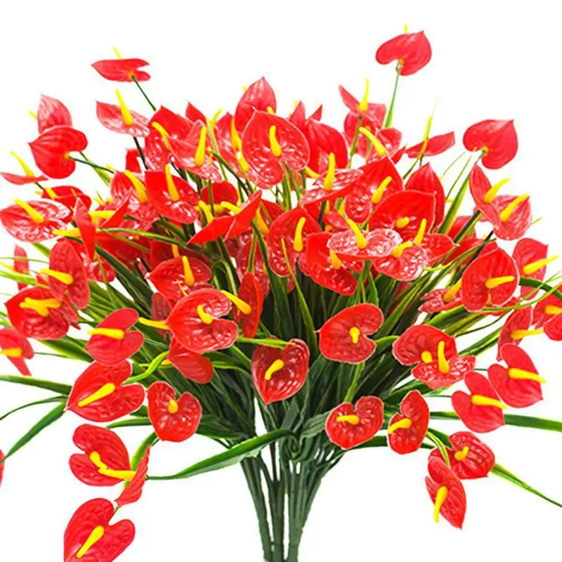 

4 Bunches Artificial Fake Flowers Faux Anthurium Plants Plastic Shrubs Bushes Greenery Indoor Outside Hanging Planter Home Decor