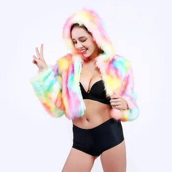 

Women's Winter Coat Fashion Colorful LED Luminous Flash Imitation Plush Hooded Jacket Overcoat Autumn Outerwear #830