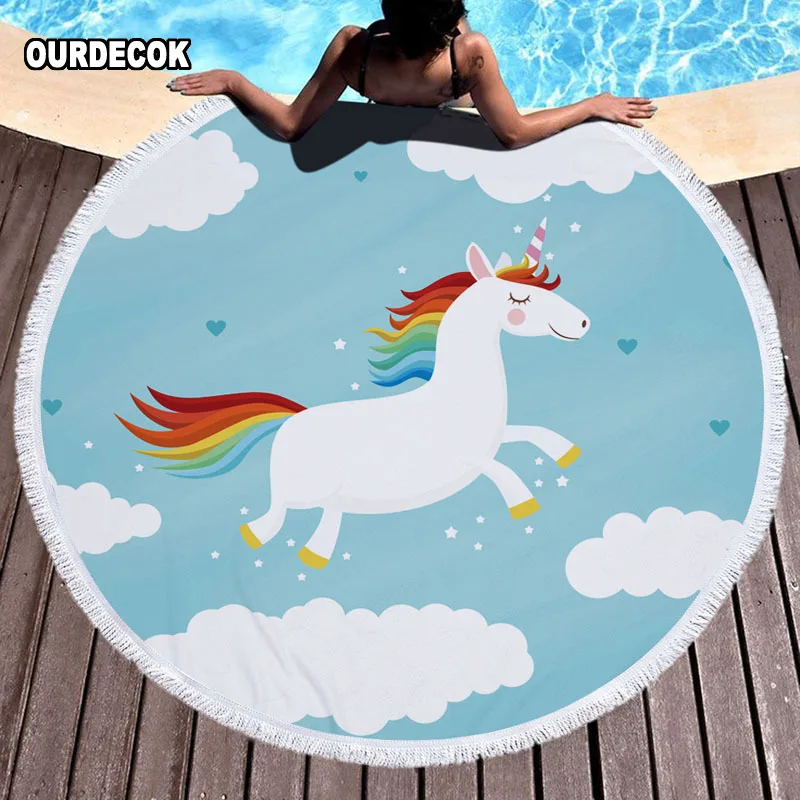 OUR DECOK Pink Cute Unicorn Microfiber Large Round Beach Towel Toalla Microfibra Thick Terry Cloth With Tassels Blanket | Дом и сад