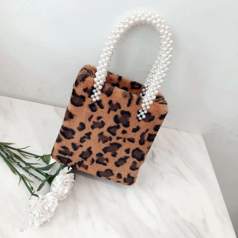 

2018 Autumn/winter New Pearl Leopard Print Handbag Wool Fur Bucket Bag Female Tide