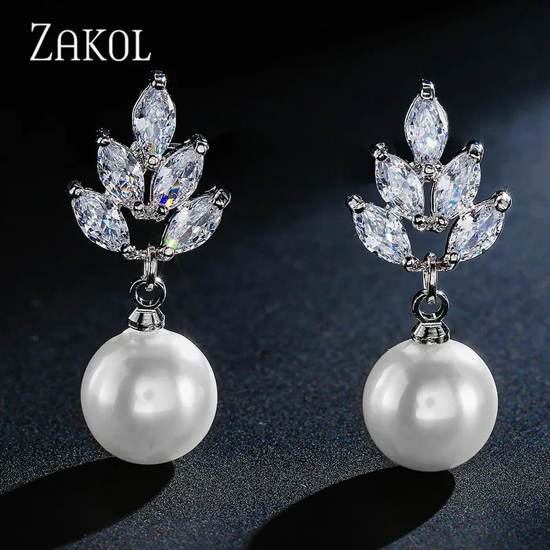 

ZAKOL Elegant Cubic Zirconia & Imitation Pearl Leaf Dangle Earrings for Women Fashion Bridal Wedding Party Jewelry FSEP499