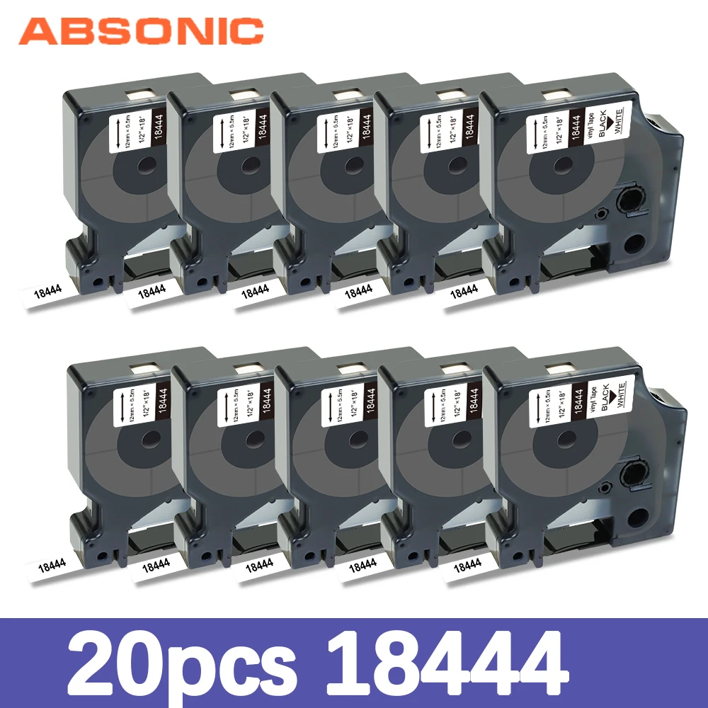 Виниловая этикетка Absonic 20pk 18444 12 мм для принтера DYMO Rhino черная на белой ленте