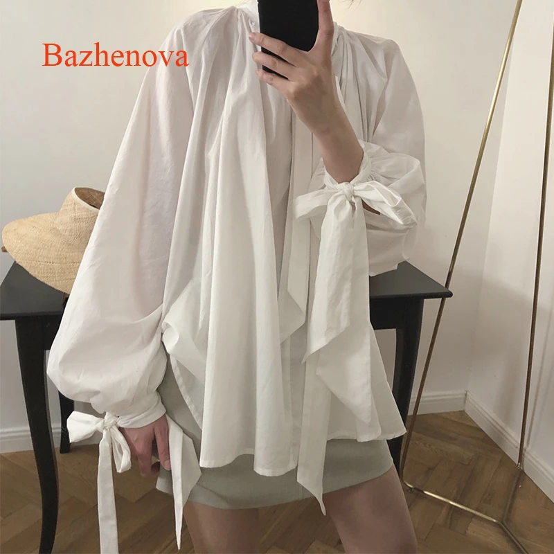 Bazhenova для женщин осень дизайн Блузка Для Девочек Сладкий Ретро Личность Свободная рубашка Женская свежая с пышными рукавами Топы R329