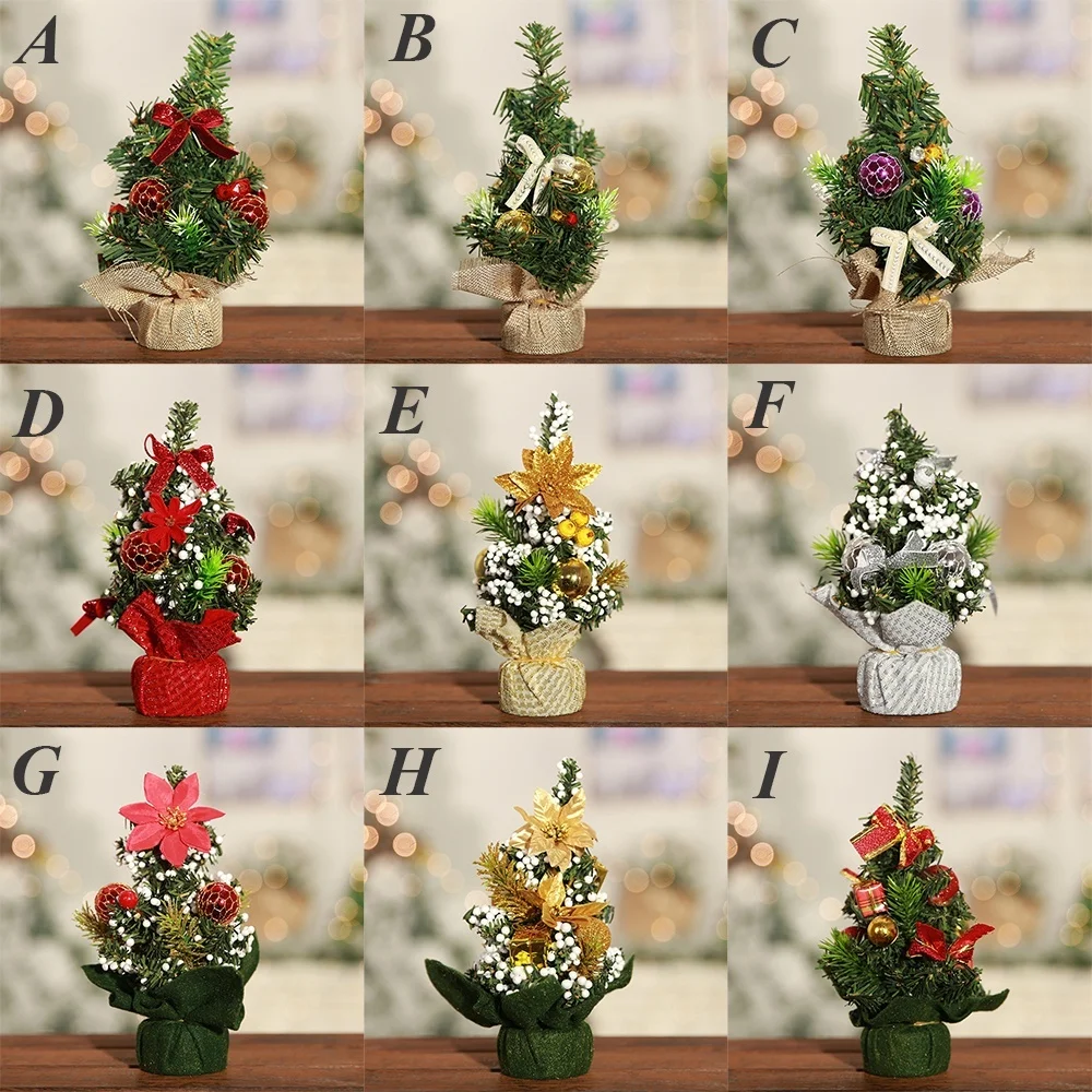 9 Styles 22cm Mini Christmas Tree with Ribbon Bow Ornaments Party Xmas Day New Year Room Table Holiday Decoration Festival Decor