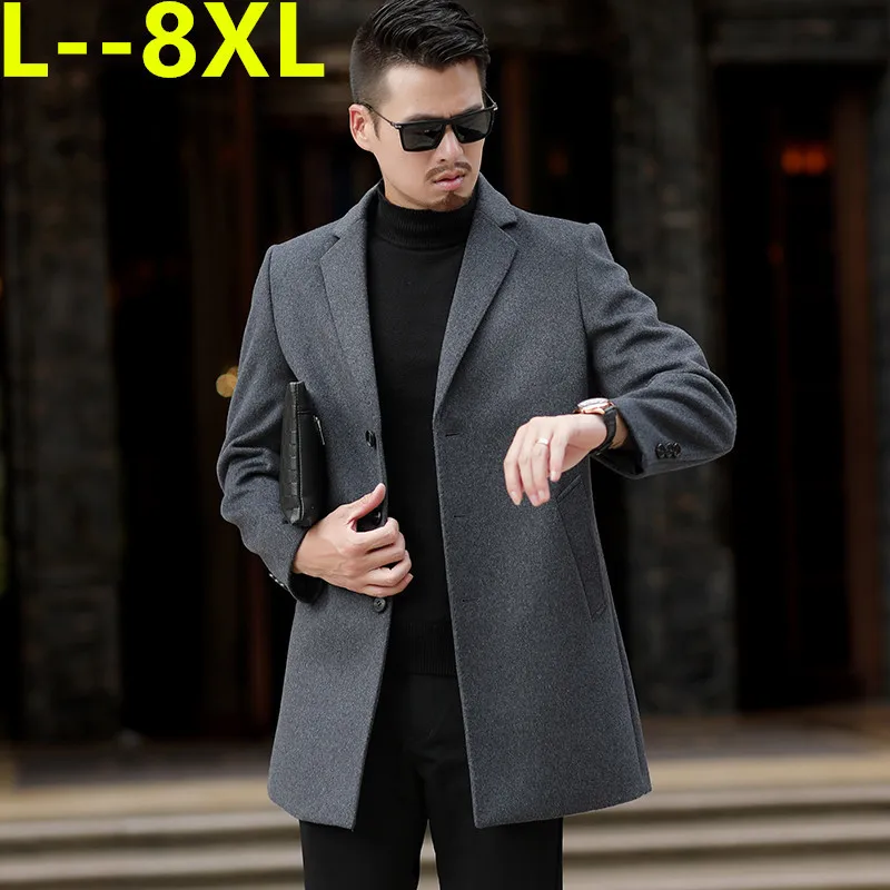 8XL 10XL Winter Woolen Coat Men Leisure Long Sections Woolen Coats Mens Pure Color Casual Fashion Jackets / Casual Men Overcoat