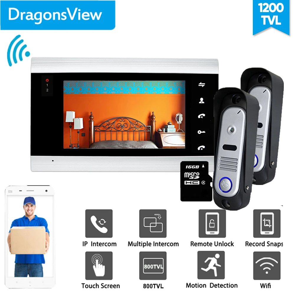 Dragonsview 7 Inch Wifi Intercom IP Wireless Video Door Phone Intercom System Wired Doorbell with Camera Unlock Motion Record