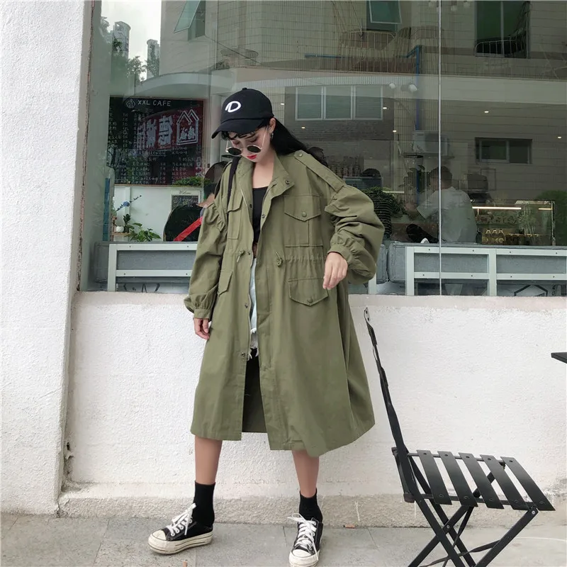 Fox Mrs. Autumn High Waist Drawstring Waist Hugging Mid-length Stand Collar Loose-Fit Coat Lantern Sleeve Trench Coat Women's