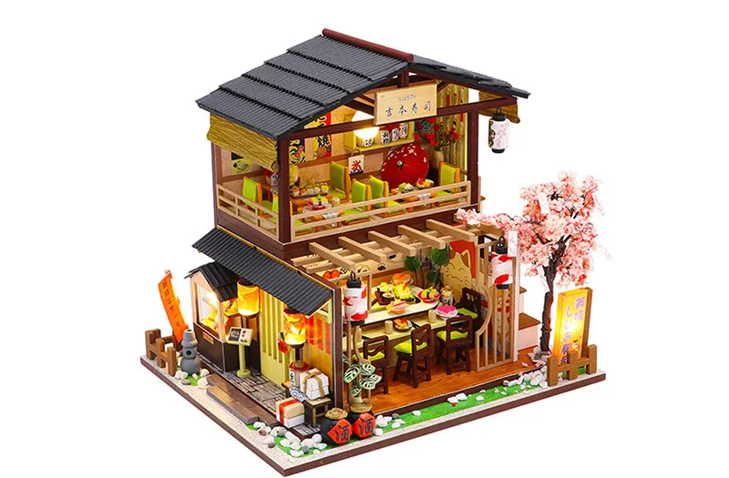 DIY Miniature Dollhouse Kit Vintage 3D Model Building Japanese Sushi Restaurant Birthday Gift Wooden Large Doll House Furniture 13