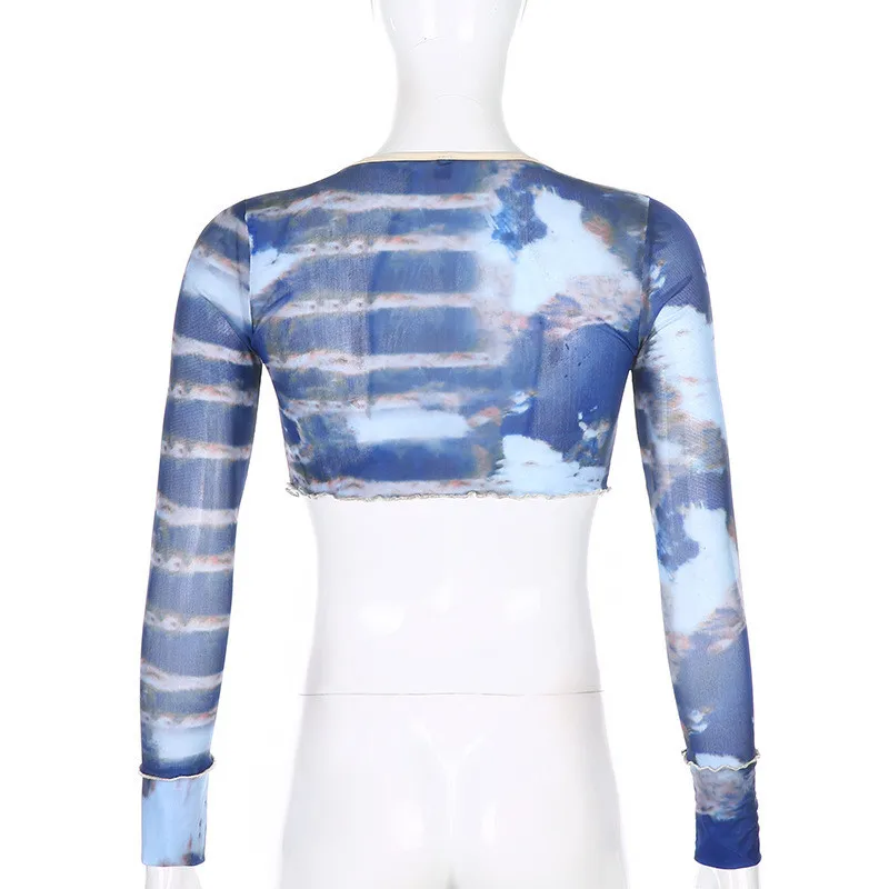 Women's Tie-dye Long-sleeved Top V Neck Ruffled Short Cardigan Sexy Slim-fit Thin Open-button Mesh T-shirt Street Party Wear