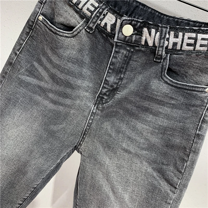 Брендовые женские джинсы с высокой талией, сексуальные обтягивающие модные черные джинсы, женские винтажные джинсы с дырками для девочек, потертые джинсовые брюки-карандаш с буквами на талии