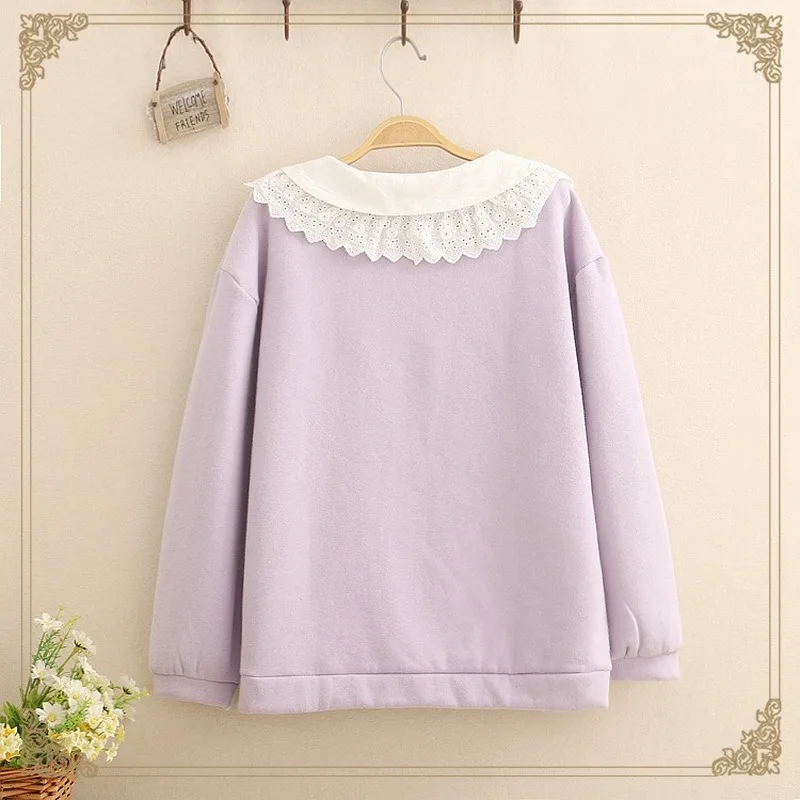 Лолита для девочек подростков Kawaii толстовки Япония кукла воротник сердце для женщин Студенческая фиолетовая Толстовка милые кружева с длинным рукавом Свободная одежда