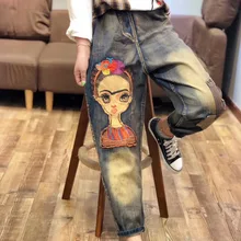 Европа Америка Harajuku ретро эластичная талия Свободные повседневные брюки девушка-ковбой вышивка ретро джинсовые шаровары женские брюки