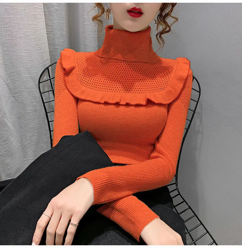 Ladies Korean Turtleneck Sweater Fashion Auricular-Side Slim Knit Multi-Color Autumn And Winter Bottom Unlined New Style pink sweater