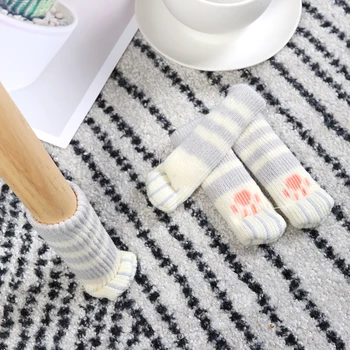 

Chair Desk Feet Sock Cartoon Cat Pattern Thickened Anti-slip Table Leg Knitted Cover for Household Floor Protectors