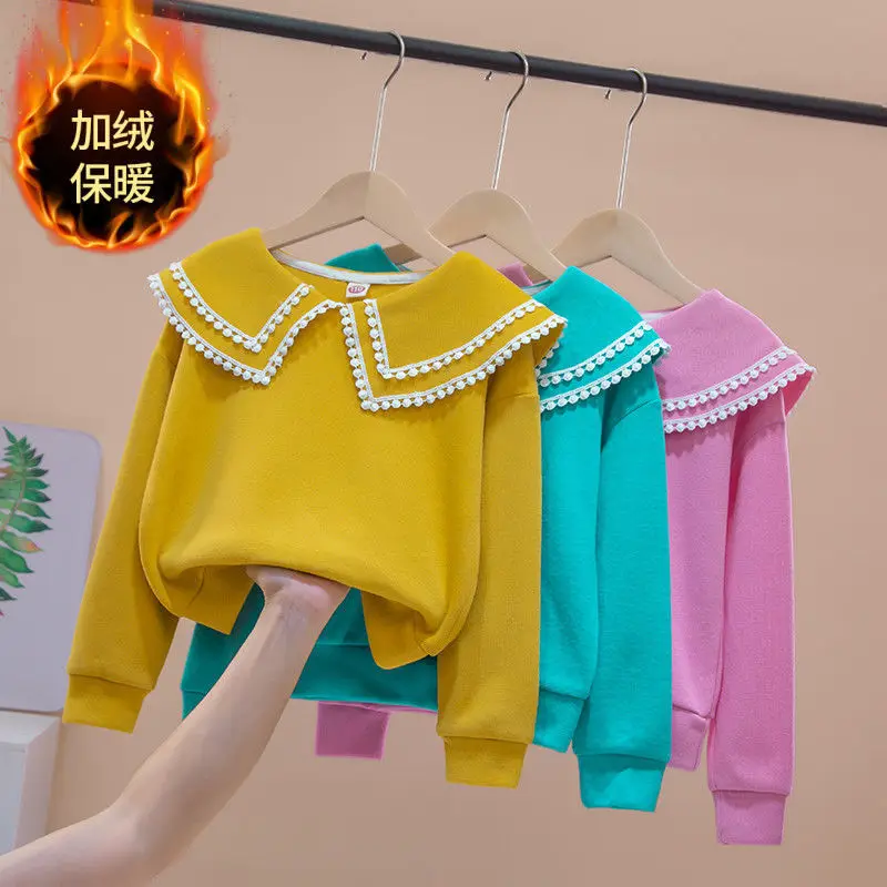 

Girls Long-Sleeved T-Shirt Plus Fleece Autumn Winter Casual Pullover Top Sweet Girls Bottoming Shirt Doll Collar Sweatershirt