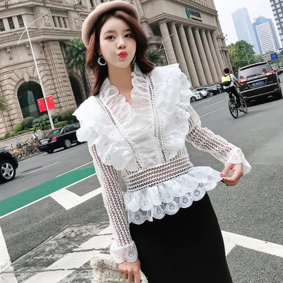 Милая кружевная блузка крючком с баской рубашка Корейская фея многоуровневые