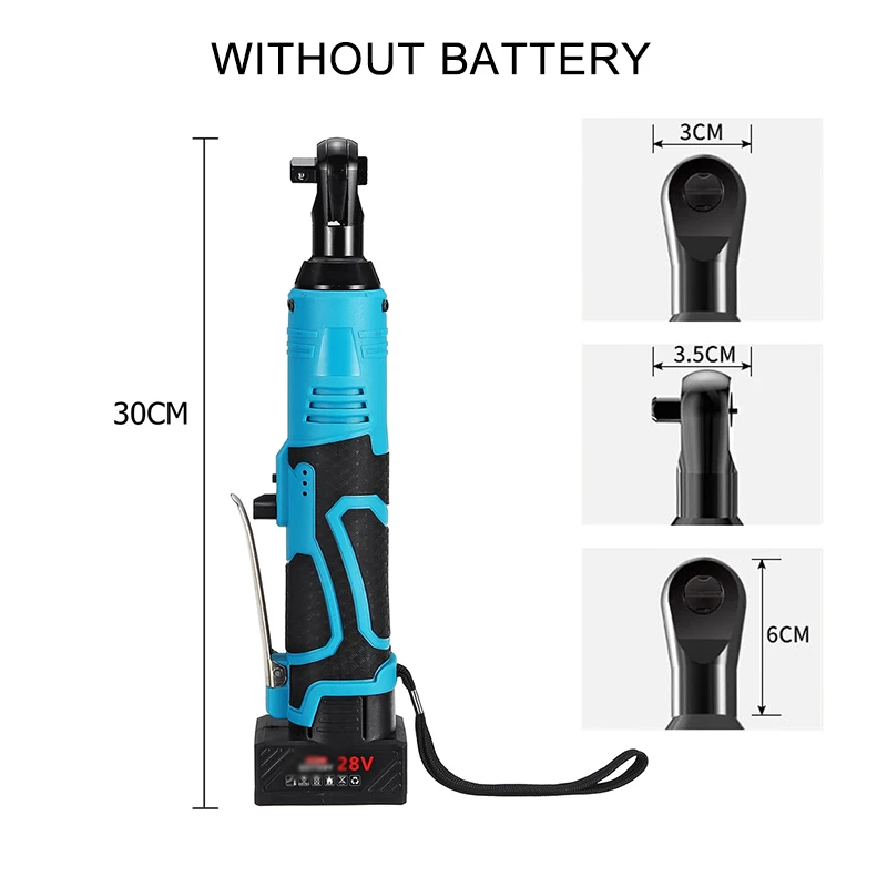 

1X 28V Portable Wireless Rechargeable Ratchet Wrench 3/8" 60N Electric Right Angle UK,US,AU,EU Plug 300*50mm