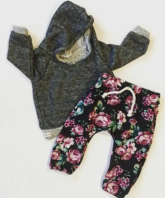 

0-24 M Autumn Winter Baby Clothes Hooded Solid Tops+ Floral Long Pants Leggings 2PCS Set Newborn Toddler Baby Girls Outfits