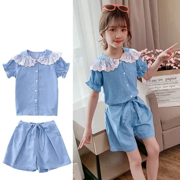 

Sweet Princess New Summer Sets 2PCS Toddler Baby Girls Short Sleeve Turn Down Collar Tops and Bow Shorts Kids Clothing Denim Set