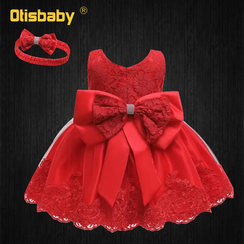 Red Aby/рождественское платье для дня рождения для маленьких девочек 1 год вечерние платья для малышей платья на крестины кружевное бальное платье с большим бантом для маленьких девочек - Цвет: Red