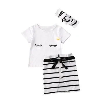 

2020 Fashion Infant Baby Girls Clothes Sets Short Sleeve T Shirts Tops+Striped Zipper Mini Skirts Headband 1-6Y