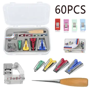 

60pcs Fabric Bias Binding Tape Maker Kit Binder Foot Wooden Awl Clips Pins Household DIY Sewing Quilting Tool Set