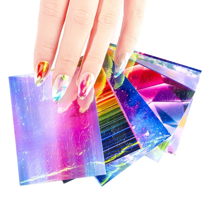 6 цветов голографическая лазерная наклейка с пламенем для дизайна ногтей для маникюра украшения 3D огонь тонкая серебряная полоса DIY Фольга Наклейка