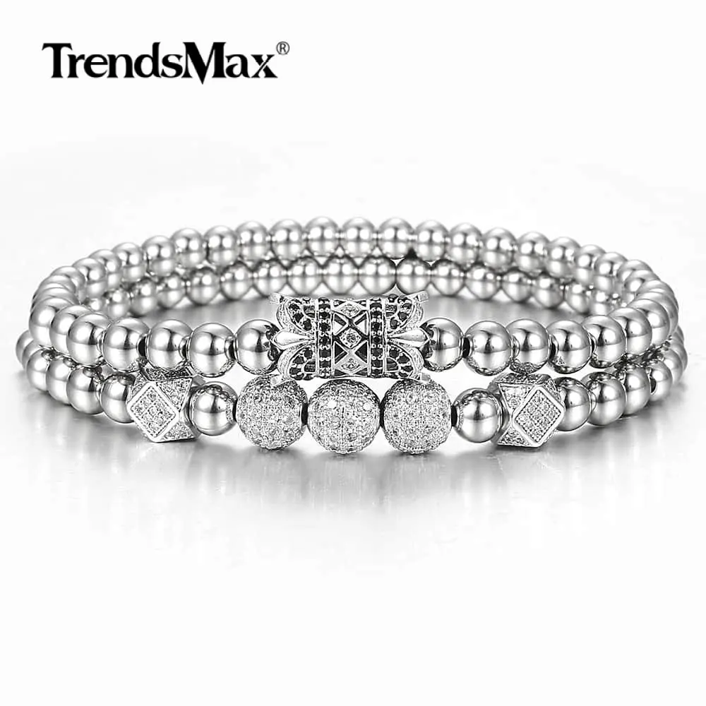2 шт./компл. паве ЧР корона шарики с бисером Браслеты серебро Медь стрейч браслет для Для мужчин Для женщин, ювелирное изделие, подарок DBM64