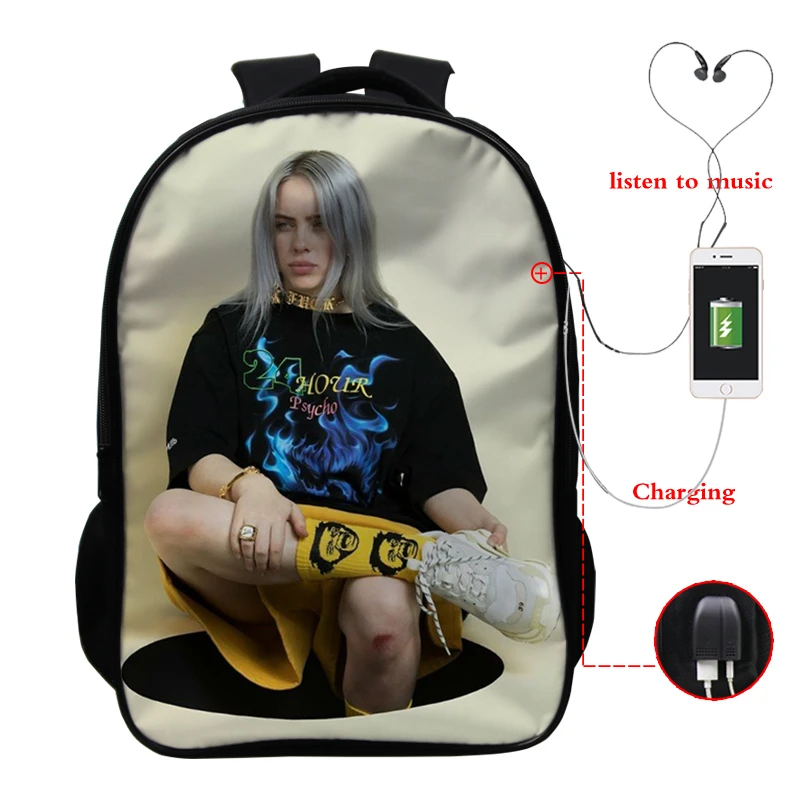 9 Sac Dos Mochila Billie Eilish рюкзаки для школы подростков девочек Книга сумка 3D печать usb зарядка 16 дюймов ноутбук plecak - Цвет: 9