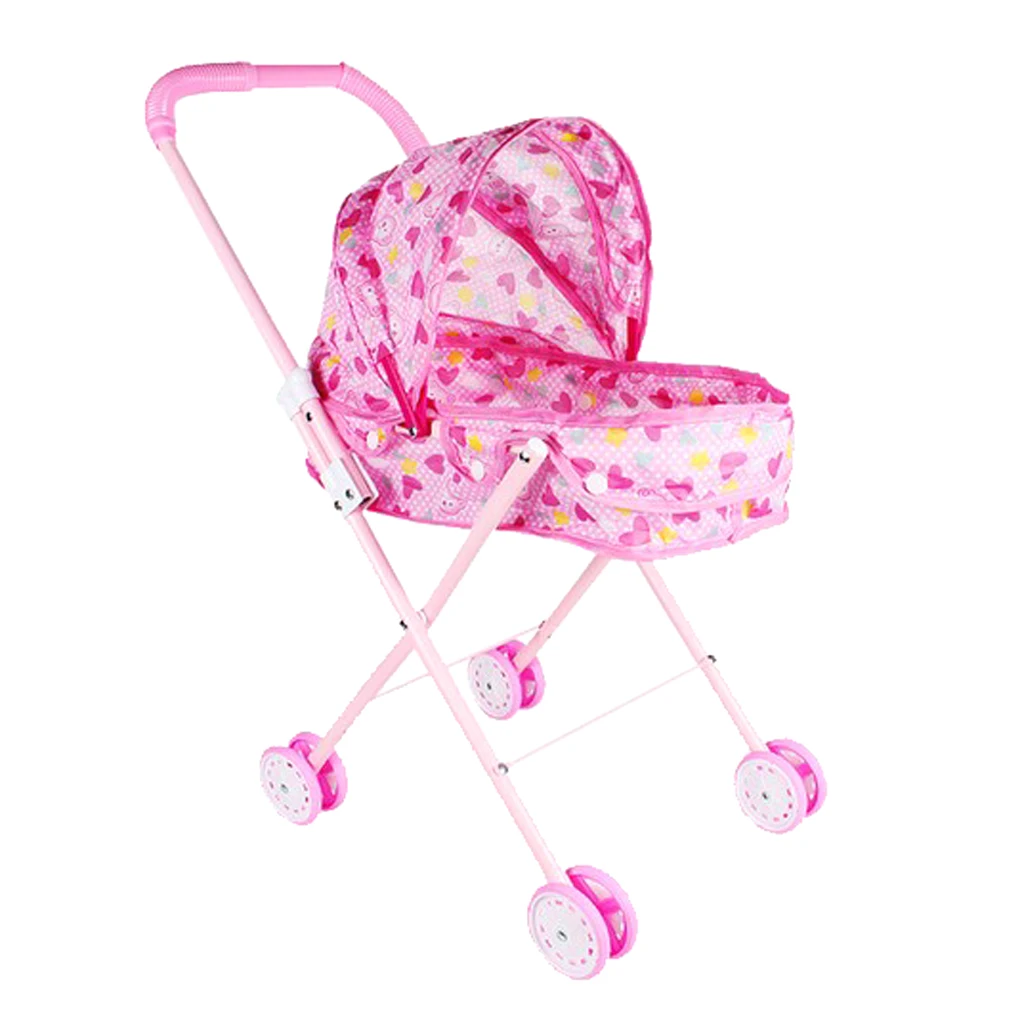 Mini Plastic Baby Push Cart Pushchair Dolls Accs Kids Pretend Play Toy Heart