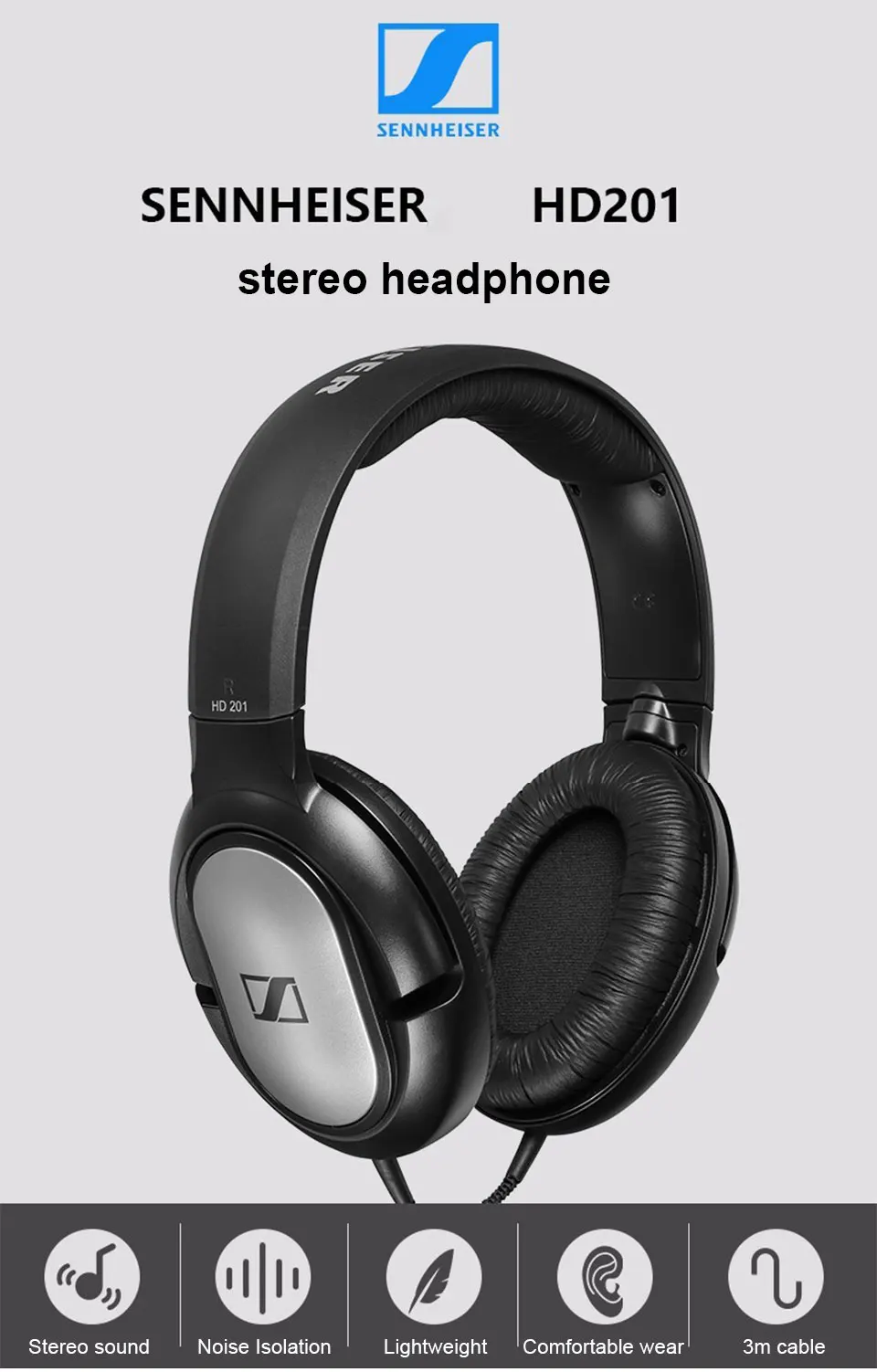 Проводные наушники Sennheiser HD201 3,5 мм, наушники с шумоподавлением, Спортивная игровая гарнитура, стерео бас для iPhone/samsung компьютера