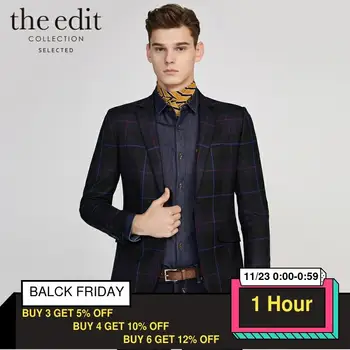 

SELECTED Men's Slim Fit Business Casual Wool Contrast Check Blazer S|419408517