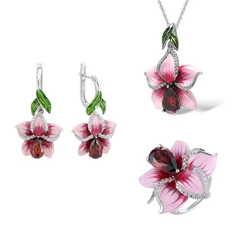 

HOT Ladies Peach Blossom Lotus Silver Wedding Jewelry Sets Temperament Elegant Pink Enamel Flower Ring Necklace Earrings Set