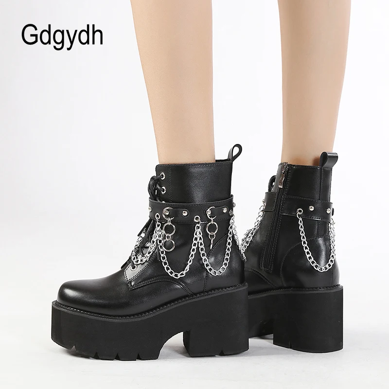 

Gdgydh Spring Autumn Goth Halloween Cosplay Combat Boots Women Sexy Chain Platform Jungle Boots Chunky Heel Comfort Big Size 43