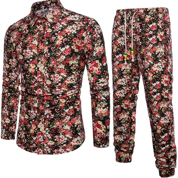 

Fall men's holiday casual fashion floral print long-sleeved shirt high quality linen trousers men's sportswear amazon boys suit