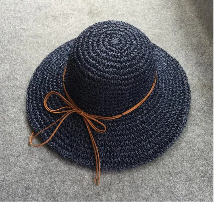 Studyset Summer straw weaving Braided UV Protection Bow Knot Beach Hat Foldable Bucket Cap crocheting - Цвет: Navy