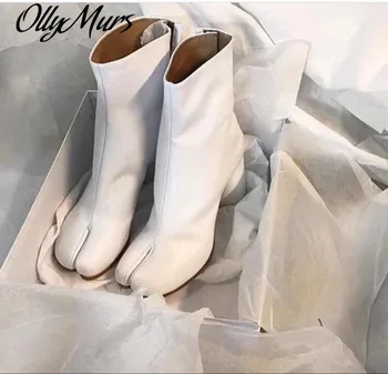 

Botines mujer 2020 chunky high heel short ankle boots for woman square toe black patent leather rain boots luxury tabi bottes