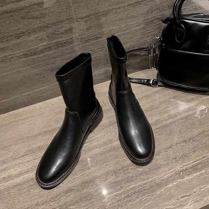 black short Krazing Pot/модные зимние растягивающиеся сапоги из коровьей кожи с круглым носком на среднем каблуке; теплые женские сапоги до бедра черного цвета; L23 - Цвет: black short