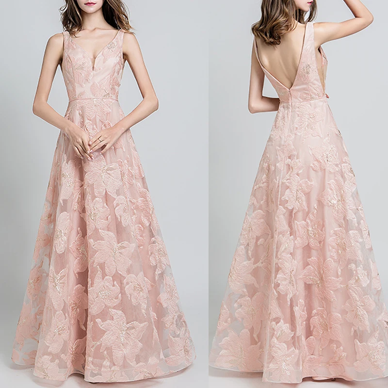

In Stock New Evening Dresses 2019 Actual Image Open Back Backless V Neck Lace Tulle Pink Formal Gowns Robe De Soiree